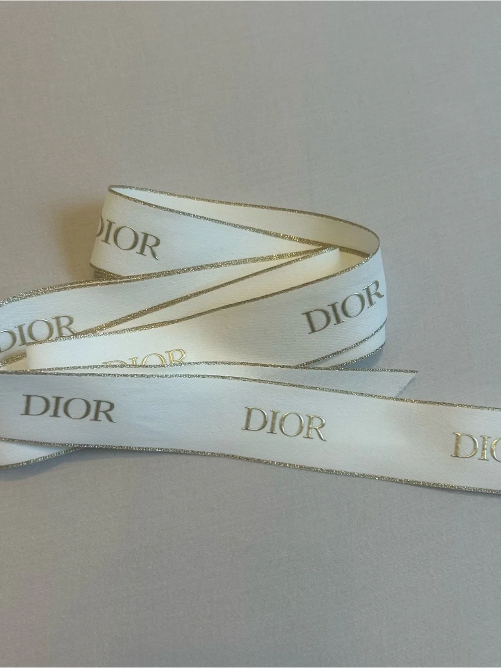 Dior Branded White & Gold Satin Ribbon, glitter, sparkle